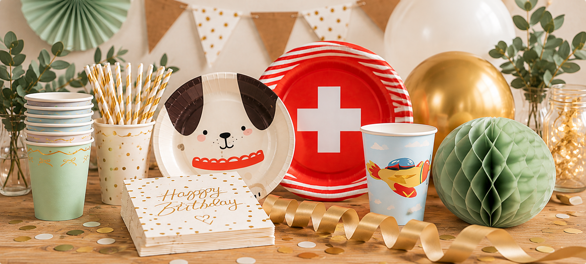 Partydekoration mit Partygeschirr, Bechern, Tellern, Ballons und Geburtstagsdeko