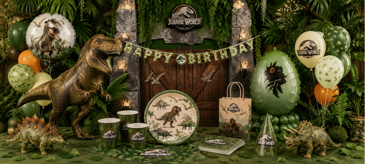 Atmosphärisches Jurassic World Partybanner mit Dinosauriern, Ballons, Dschungeldekoration und passendem Partyzubehör für einen aufregenden Kindergeburtstag.