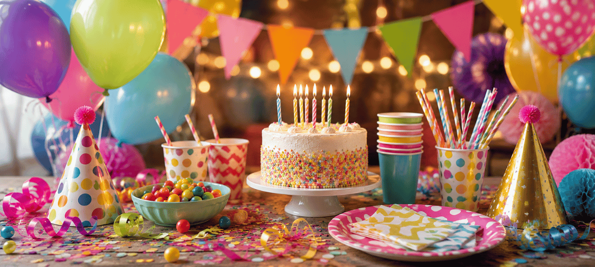 Stimmungsvolles Partybanner mit Ballons, Geburtstagstorte, Konfetti, Girlanden und buntem Partygeschirr – passend für Geburtstage und viele weitere Feierlichkeiten.