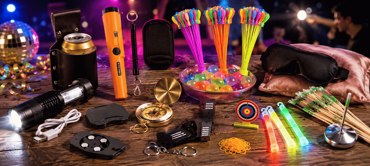 Bunte Auswahl an Fun-Gadgets mit Knicklichtern, Wasserballons, Taschenlampe, Schlafmaske, Kompass und Partyzubehör auf stimmungsvollem Event-Hintergrund.