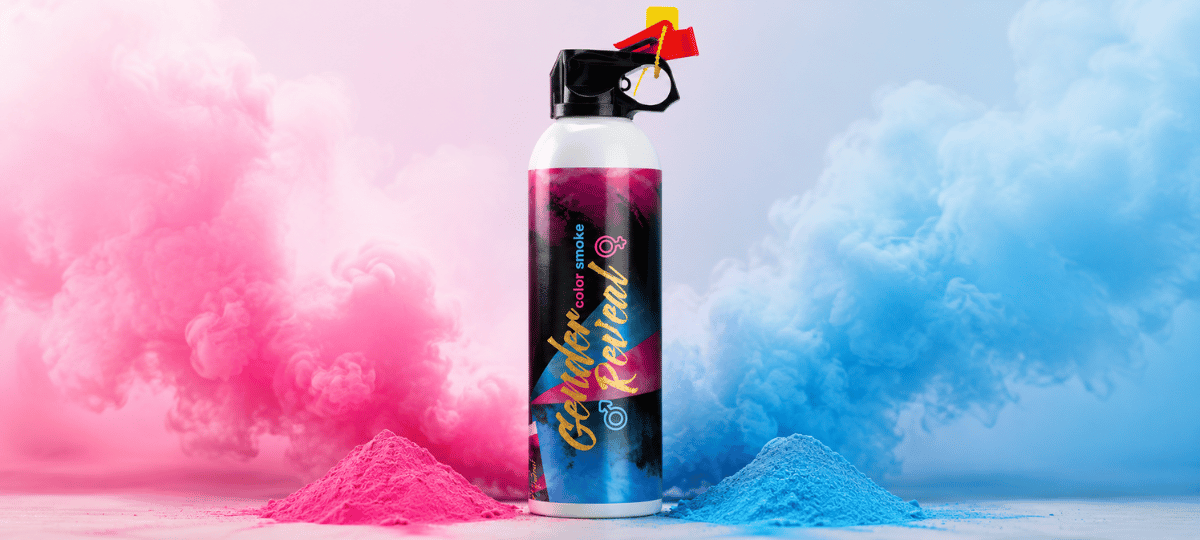 Gender Reveal Feuerlöscher mit blauem und pinkem Farbspray für spektakuläre Baby Reveal Partys, Fotoshootings und unvergessliche Überraschungsmomente.