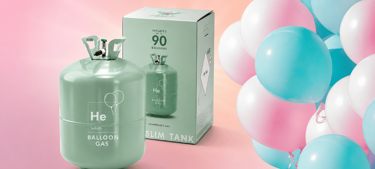 Helium Ballongas Einwegflasche mit Verpackung und pastellfarbenen Luftballons für Partys und Veranstaltungen.