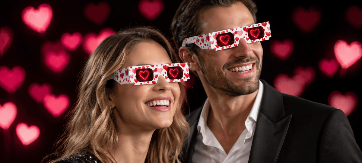 Modernes Paar mit Herzbrille und 3D-Herzeffekt für romantische Partys, Valentinstag, Hochzeiten und besondere Anlässe.