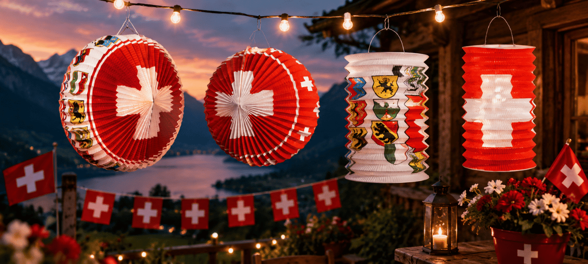 Traditionelle Schweizer Lampions für den 1. August mit Schweizerkreuz und Kantonswappen vor stimmungsvoller Alpenkulisse.