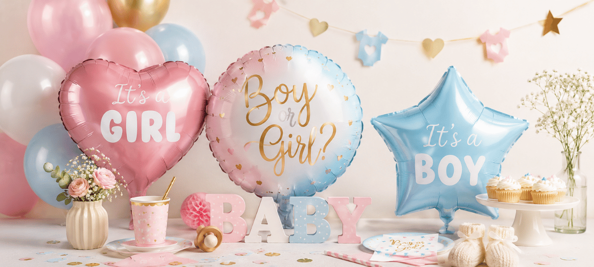 Elegante Baby Shower und Gender Reveal Partydekoration mit pastellfarbenen Ballons, Folienballons, Girlande, Cupcakes und festlicher Tischdekoration.