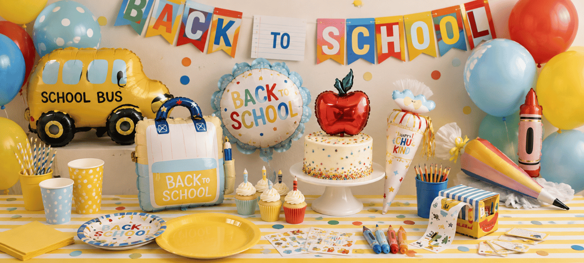 Hochwertiger Back-to-School-Kategoriebanner mit Schulbus- und Schulranzen-Folienballons, Schultüte, Apfel, Buntstiften und farbenfroher Einschulungsdekoration.