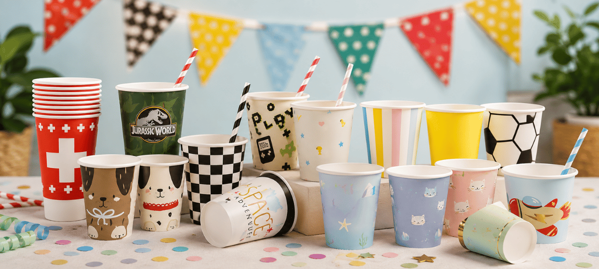 Bunte Einwegbecher und Pappbecher für Geburtstag, Motto- und Gartenpartys in verschiedenen Farben und Designs.