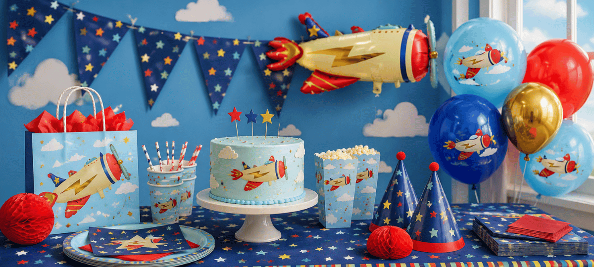 Fröhliche Flugzeug-Party mit Ballons, Girlanden, Tellern, Bechern und passender Partydekoration für einen Kindergeburtstag.
