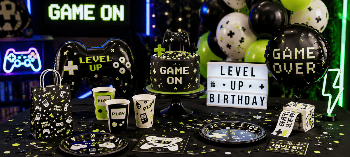 Hochwertiger Gaming-Party-Kategoriebanner mit Gamecontroller-Ballons, Neon-Dekoration, Gamer-Geburtstagstisch und Partyzubehör in Schwarz, Grün und Weiss