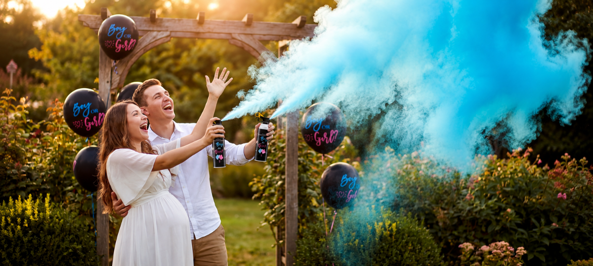 Gender Reveal mit blauem Rauch – Paar feiert die Bekanntgabe eines Jungen im Garten