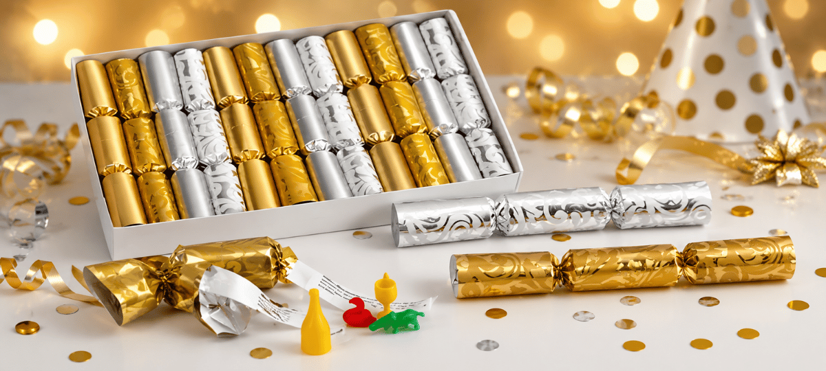 Goldene und silberne Knallbonbons mit kleinen Überraschungen und festlicher Partydekoration auf elegantem Hintergrund – ideal für Silvester, Weihnachten und Geburtstage.
