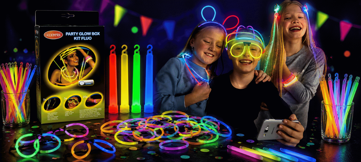 Knicklichter und Glow Party Zubehör mit Leuchtstäben, Leuchtarmbändern, Neon-Brillen und Party Glow Set für Geburtstage, Festivals und Events