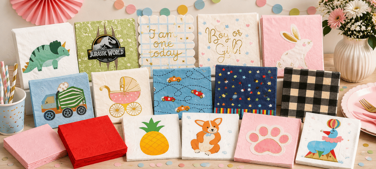 Große Auswahl an Partyservietten und Papierservietten in verschiedenen Farben, Designs und Motiven für Geburtstage, Motto- und Festpartys.