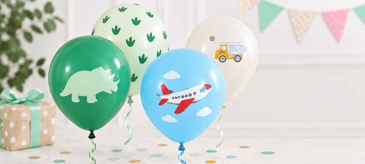 Latexballons mit Dinosaurier-, Flugzeug- und Baufahrzeug-Motiven für Kindergeburtstage und Partys