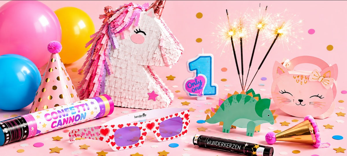 Partyartikel für Geburtstag und Feier mit Piñata, Konfettikanone, Wunderkerzen und Partyzubehör
