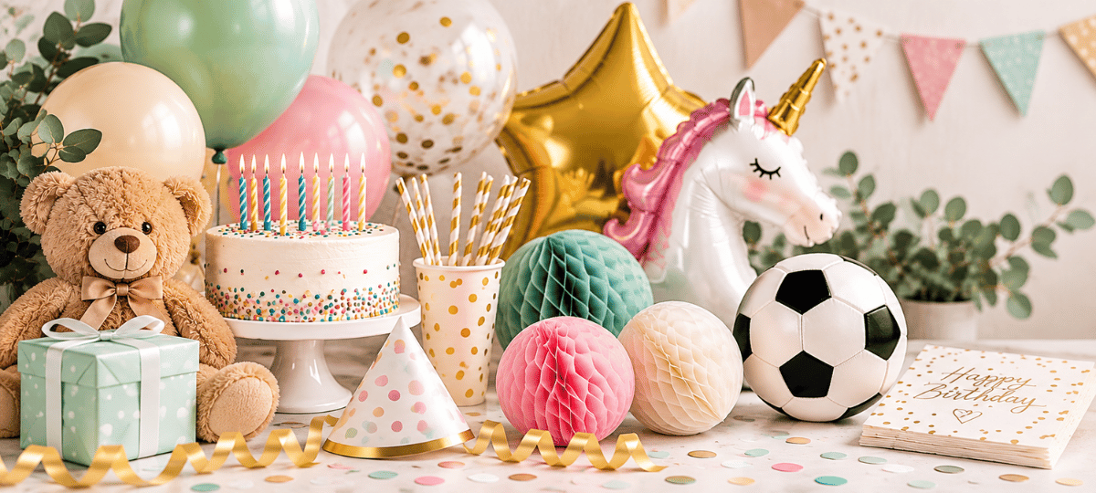 Partydekoration nach Anlass mit Ballons, Geburtstagstorte, Teddybär, Einhorn und Fussball für verschiedene Feiern