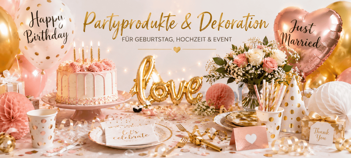 Stimmungsvolle Partydekoration mit Ballons, Tischdeko, Konfetti, Torte und Hochzeitsaccessoires für Geburtstag, Hochzeit und besondere Events.