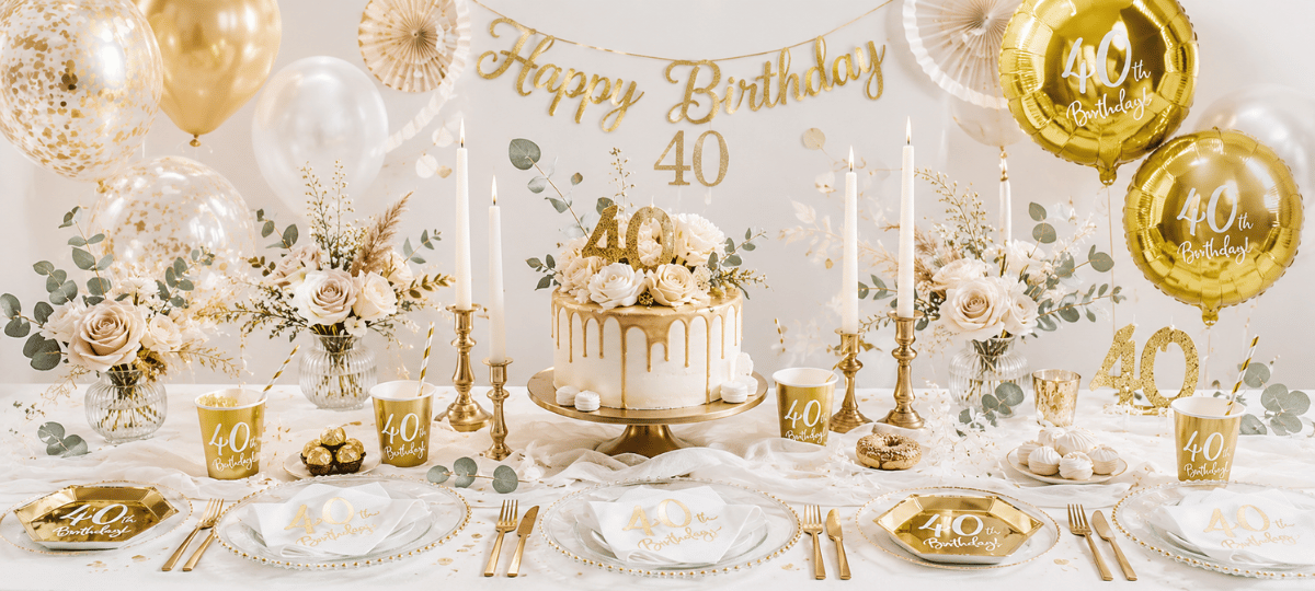 Elegante Dekoration für runde Geburtstage mit goldenen Folienballons, Geburtstagstorte, Partygeschirr und stilvoller Tischdekoration für 18., 30., 40., 50., 60. und 70. Geburtstag