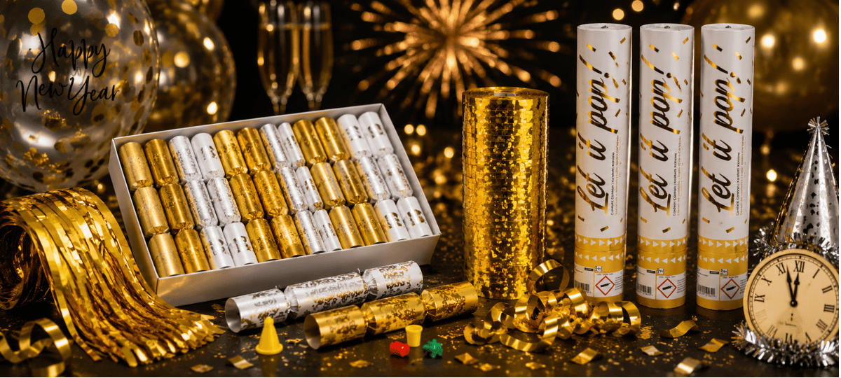 Edle Silvester-Partydeko in Gold mit Konfettikanonen, Knallbonbons, Luftschlangen, Happy-New-Year-Ballon und Lametta für eine stilvolle Neujahrsfeier.