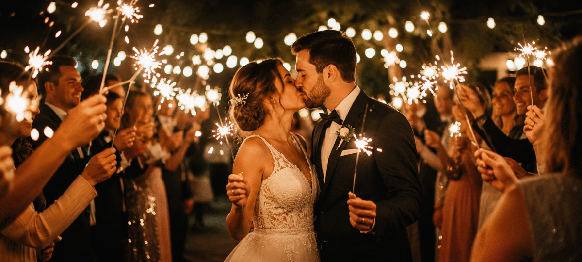 Romantisches Brautpaar bei einer Hochzeit, umgeben von Gästen mit leuchtenden Wunderkerzen – stimmungsvolle Abendatmosphäre.