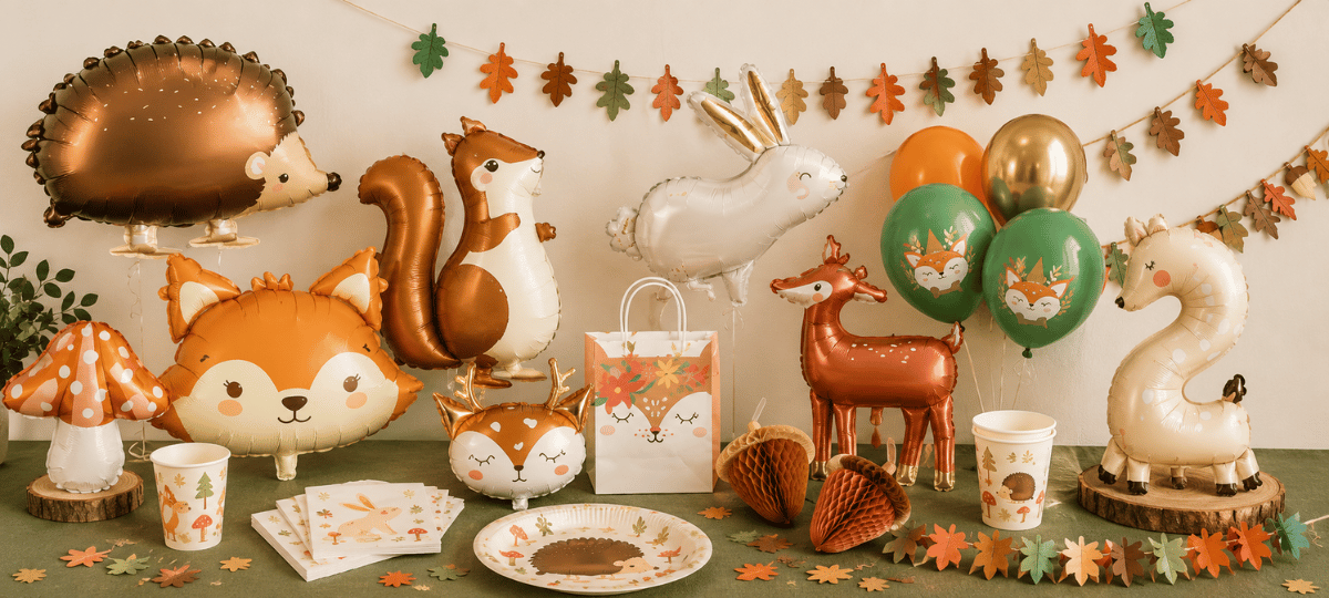 Wald Party Dekoration mit Fuchs, Hirsch, Hase und Igel Folienballons, Waldgirlanden, Ballons und Partyzubehör für den Kindergeburtstag
