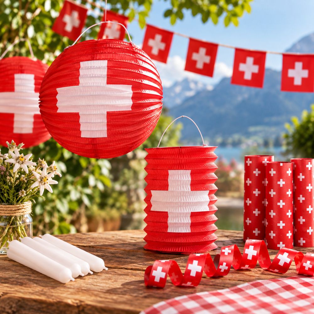 1. August Dekoration mit Schweizer Lampions, Kerzen und rot-weisser Tischdekoration