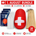 August Lampion-Set mit 30 Schweizer Lampions, 30 Lampionkerzen und 30 Lampionstäben für den Schweizer Nationalfeiertag.