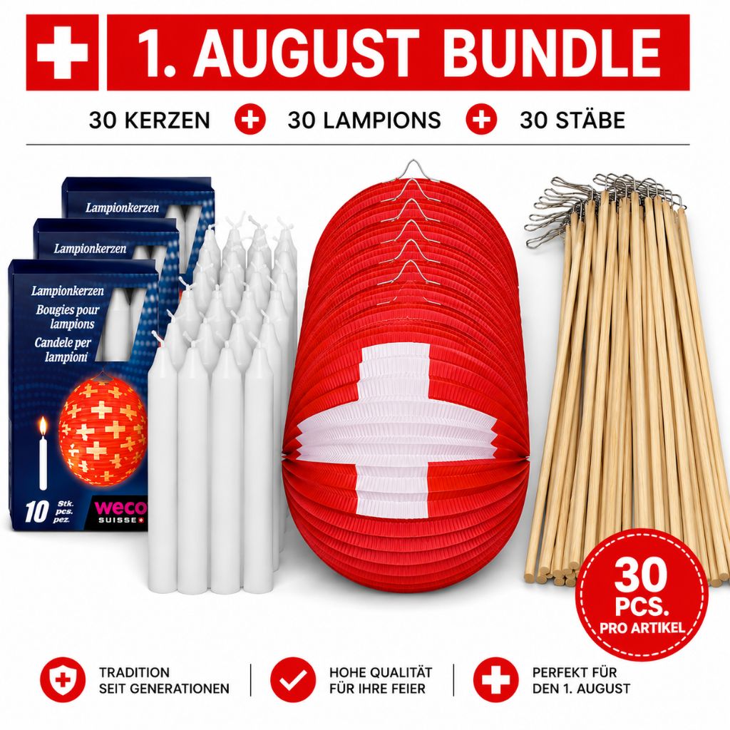 August Lampion-Set mit 30 Schweizer Lampions, 30 Lampionkerzen und 30 Lampionstäben für den Schweizer Nationalfeiertag.