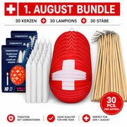 August Lampion-Set mit 30 Schweizer Lampions, 30 Lampionkerzen und 30 Lampionstäben für den Schweizer Nationalfeiertag.
