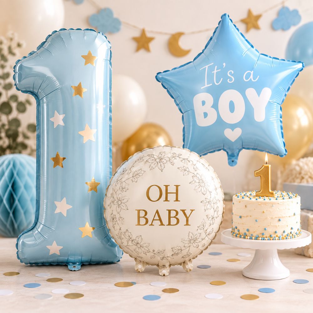 Dekoration zum 1. Geburtstag mit Oh Baby Ballon, blauem Sternballon und Geburtstagstorte