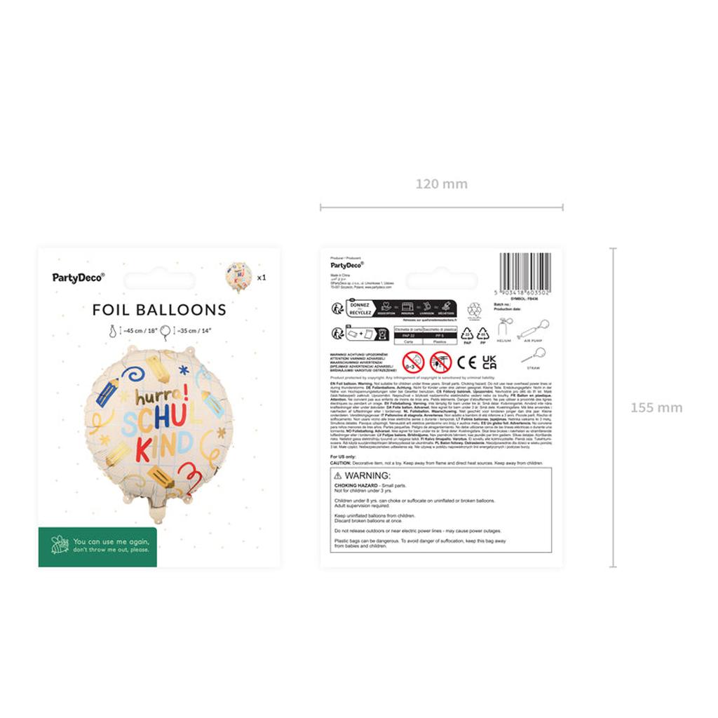 Folienballon Pastille Hurra Schulkind, 35x35 cm, creme