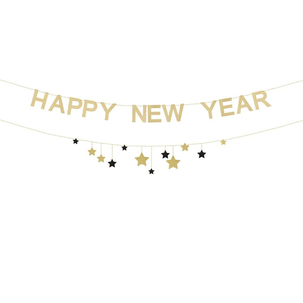 Happy New Year Banner mit Sternengirlande Gold-Schwarz