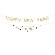 Happy New Year Banner mit Sternengirlande Gold-Schwarz