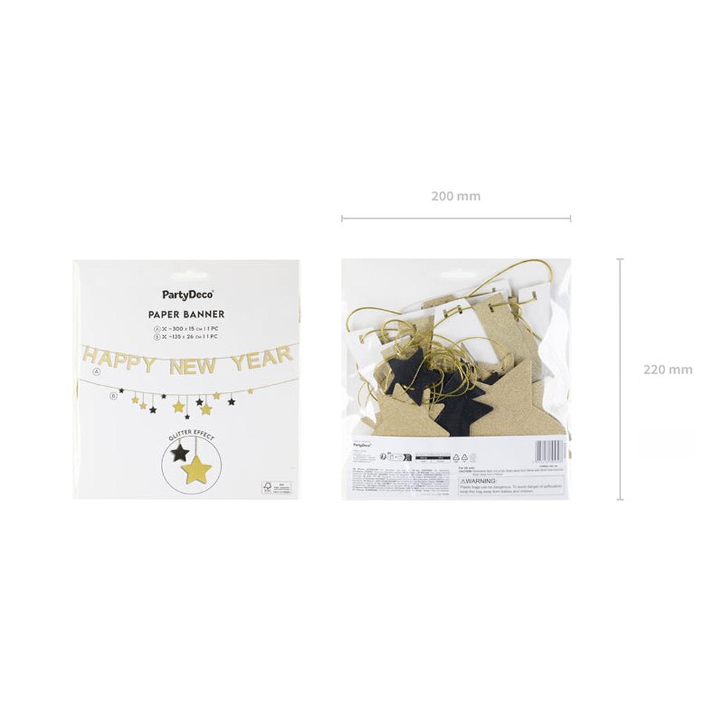 Happy New Year Banner mit Sternengirlande Gold-Schwarz