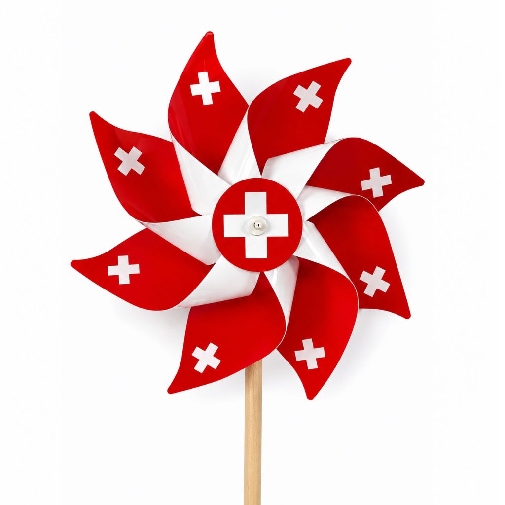 Schweiz Windrad Rot-Weiss mit Holzstab