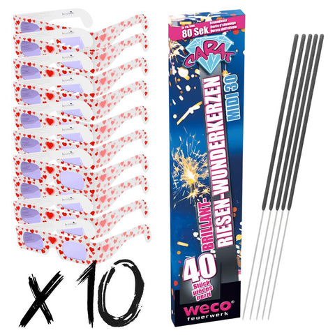 Set aus 10 Herzbrillen + 40 Wunderkerzen