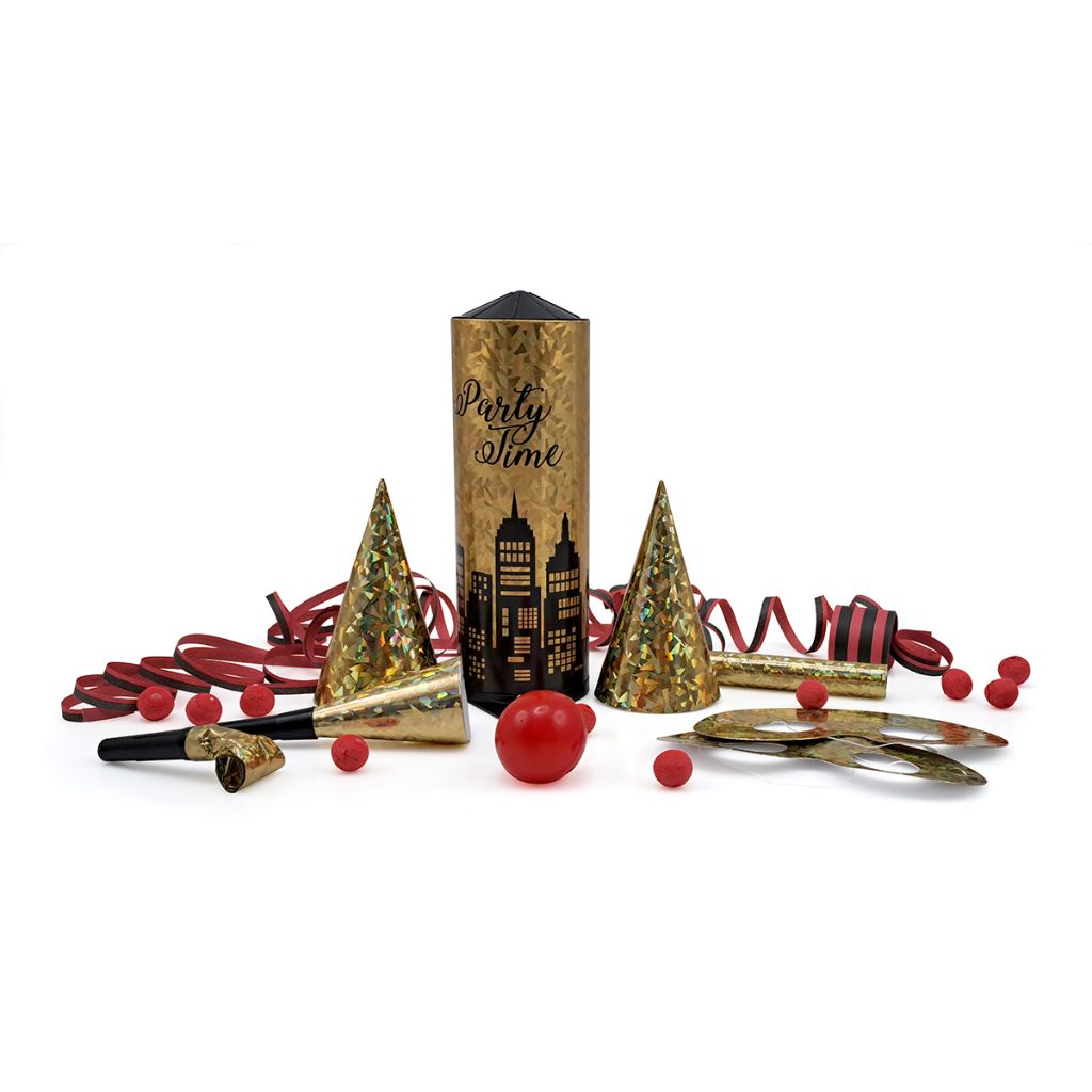 Tischbombe Party Time Hologram Gold, 21cm mit Inhalt