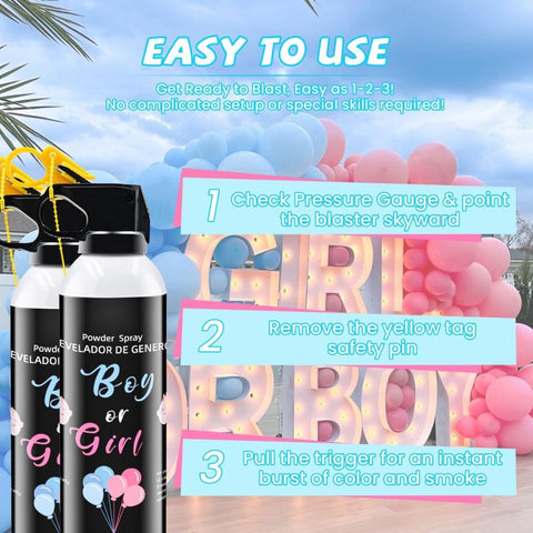 Gender Reveal & Baby Party Spray mit blauem Pulver