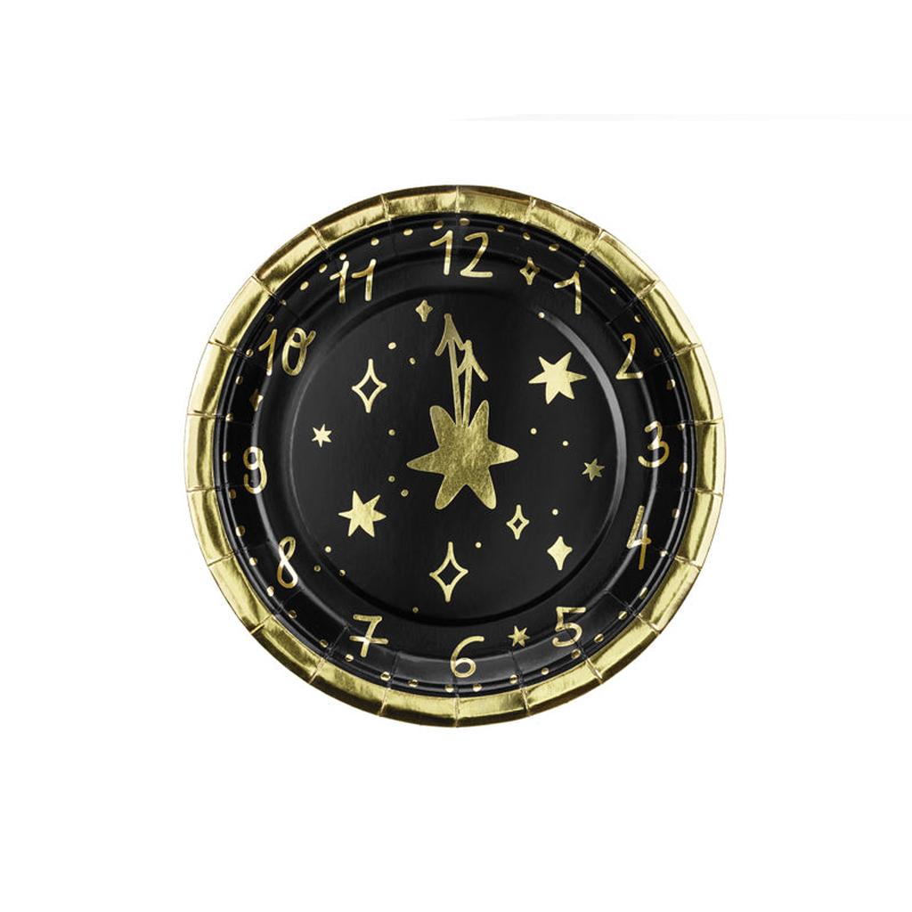 Einwegteller Uhr Schwarz-Gold 18 cm - 6 Stück