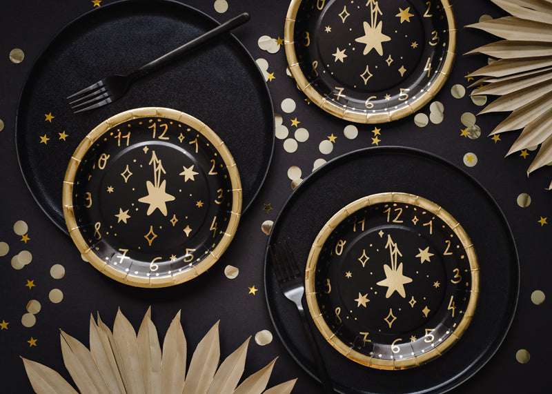 Einwegteller Uhr Schwarz-Gold 18 cm - 6 Stück