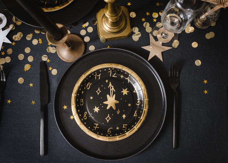 Einwegteller Uhr Schwarz-Gold 18 cm - 6 Stück