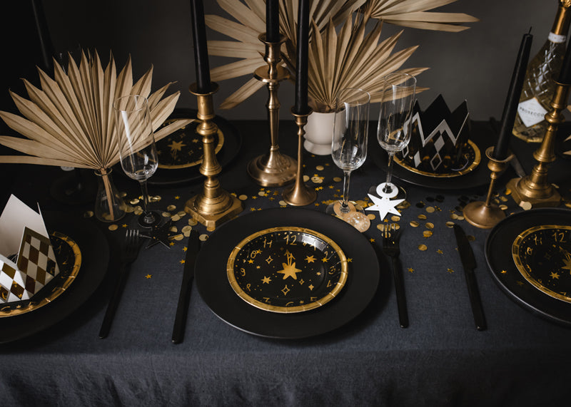 Einwegteller Uhr Schwarz-Gold 18 cm - 6 Stück