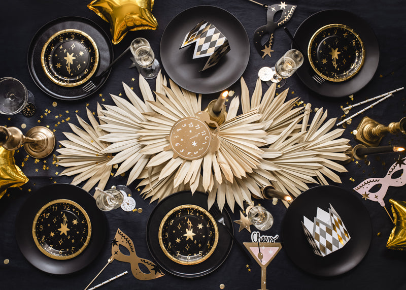 Einwegteller Uhr Schwarz-Gold 18 cm - 6 Stück