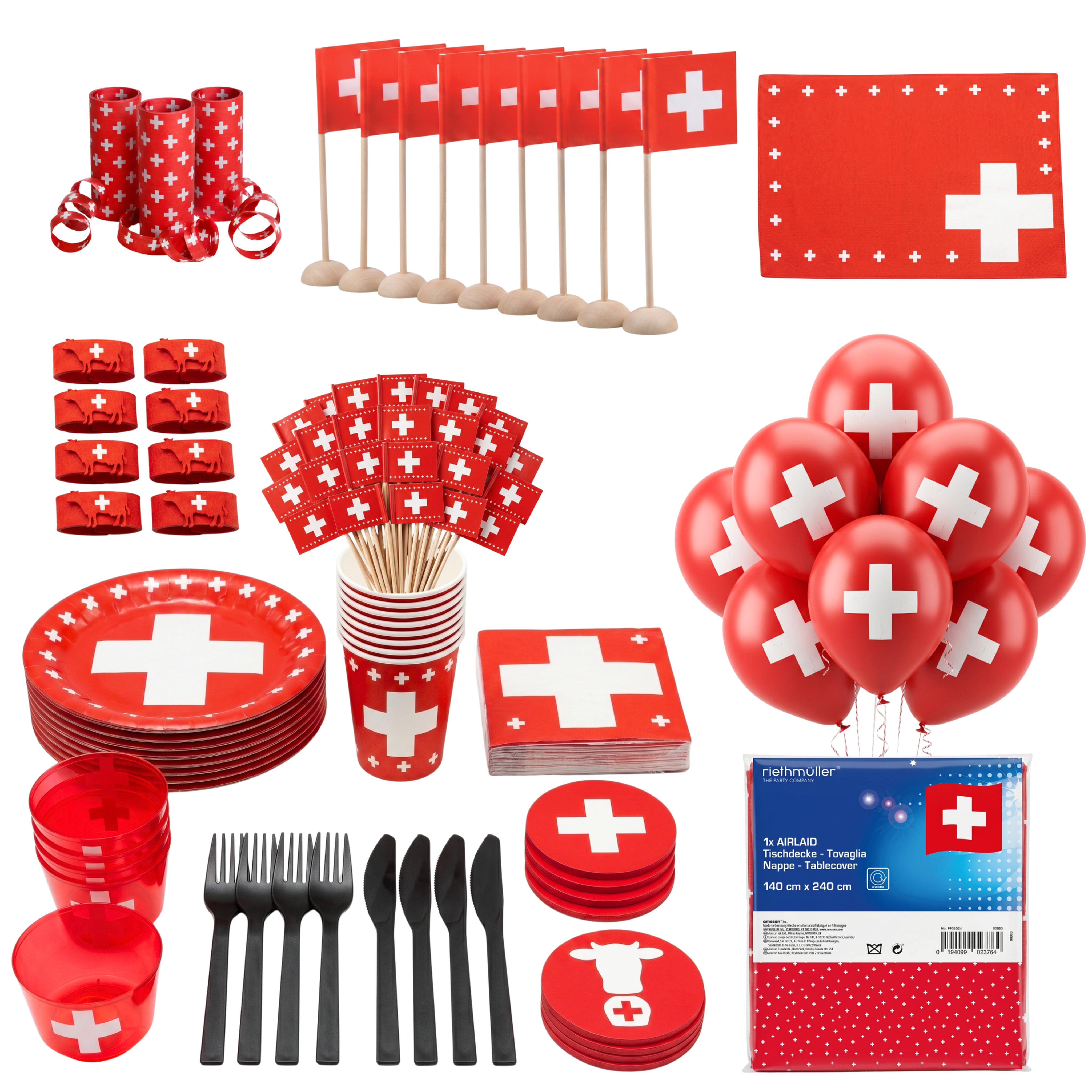 1. August Tischdeko-Set für 8 Personen – 128-teiliges Schweizer Deko-Bundle
