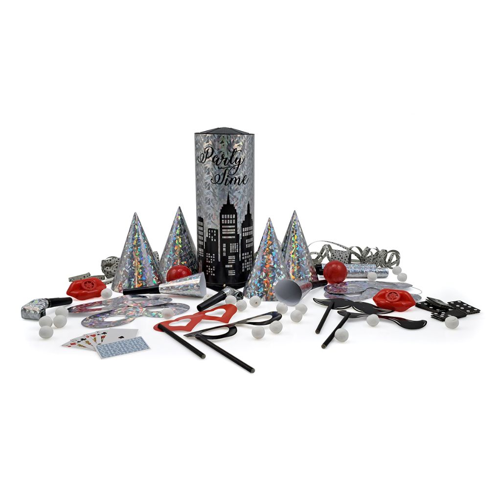 Tischbombe Party Time Hologram Silber, 26cm mit Inhalt
