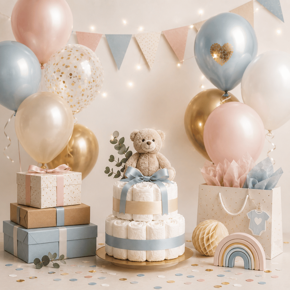 Moderne Baby Shower Dekoration mit Ballons, Windeltorte, Geschenken und pastellfarbenen Partyaccessoires – stilvolles Symbolbild für Babyparty und Gender Reveal.