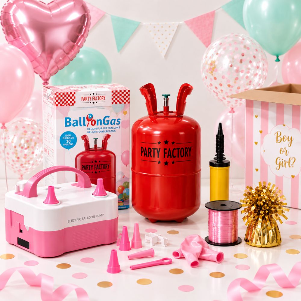 Ballonzubehör mit Ballonpumpe, Heliumflasche und Ballongewicht