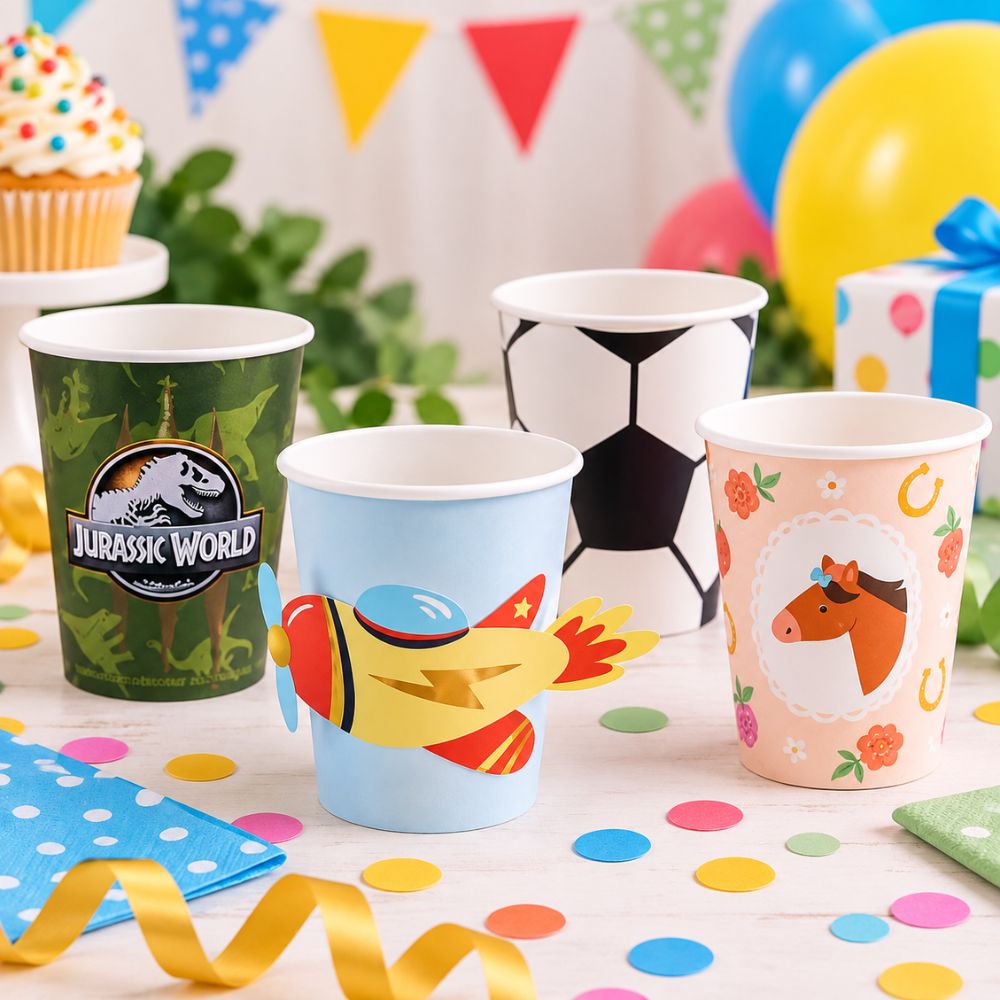 Vier Partybecher mit Jurassic-World-, Flugzeug-, Fussball- und Pferde-Motiv als farbenfrohe Tischdekoration für Kindergeburtstage.