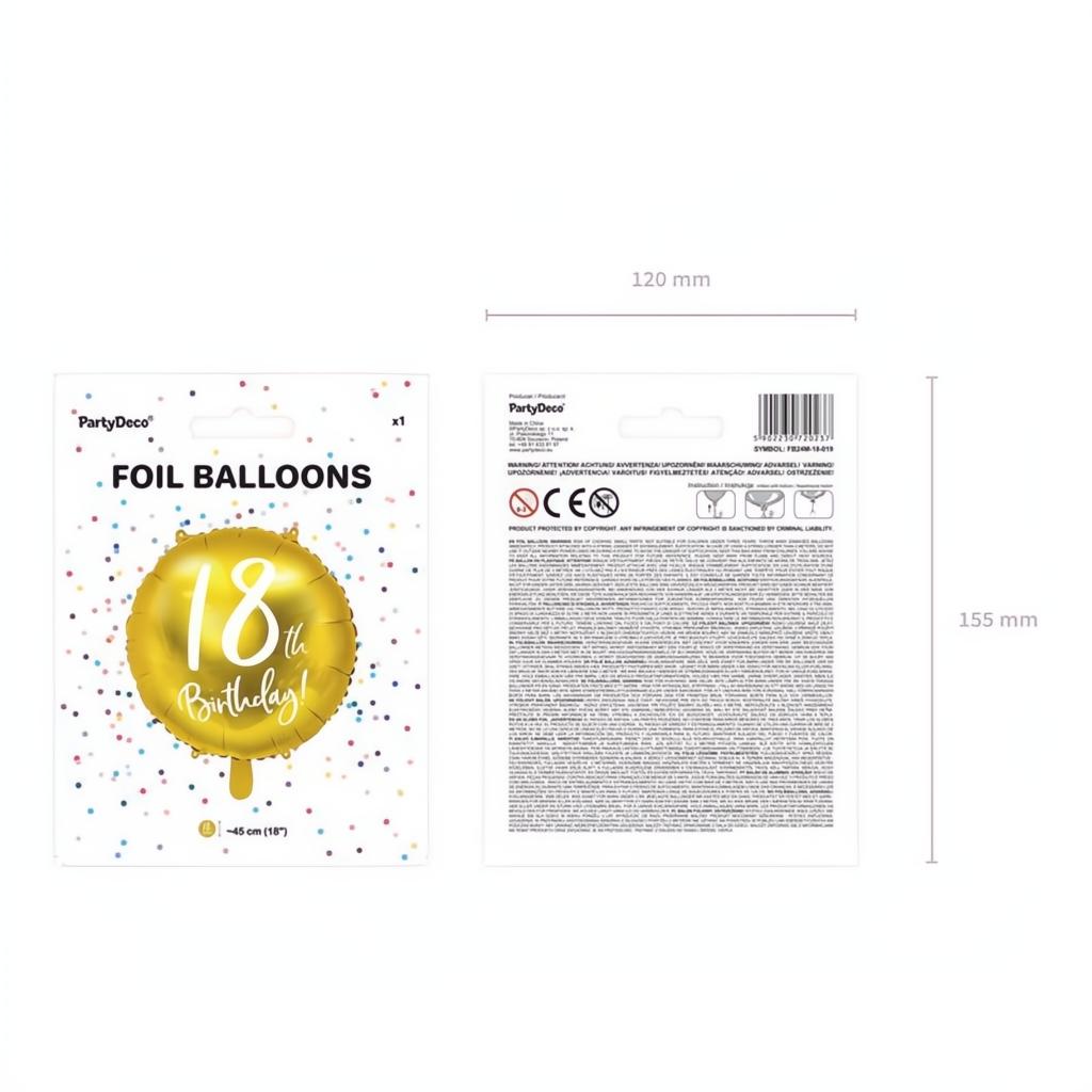 Folien-Luftballon 18th Birthday, in Goldfarbe, 45cm PartyDeco 6