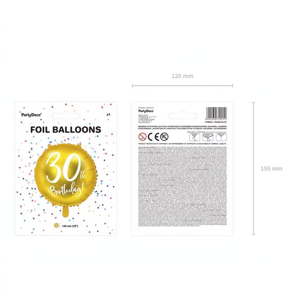 Folienballon 30th Birthday, gold, 45cm PartyDeco 8